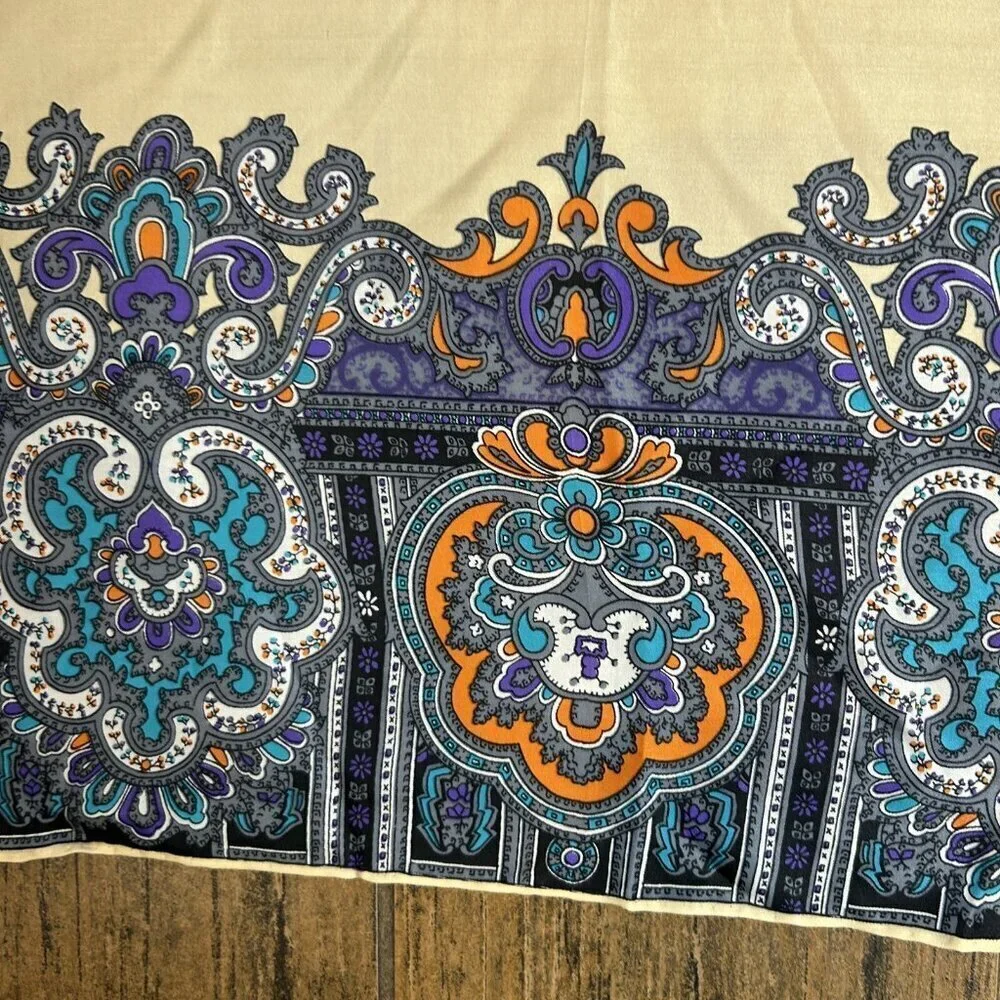 Vintage 100% Silk Colorful Edge Oversized Foulard Paisley Hand Rolled Scarf